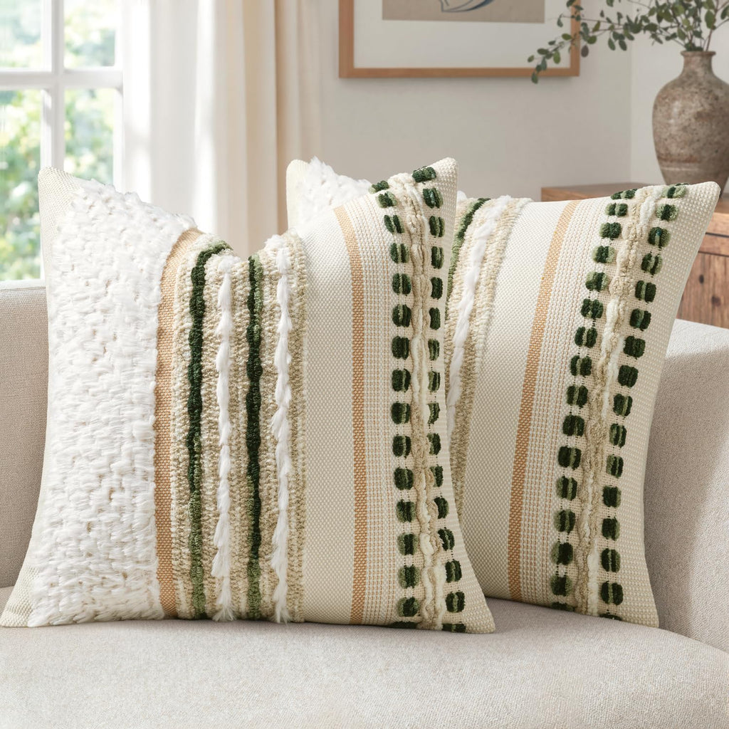 ANRODUO Boho Decorative Pillow Covers Olive Green Stripe 18x18 Pack of 2