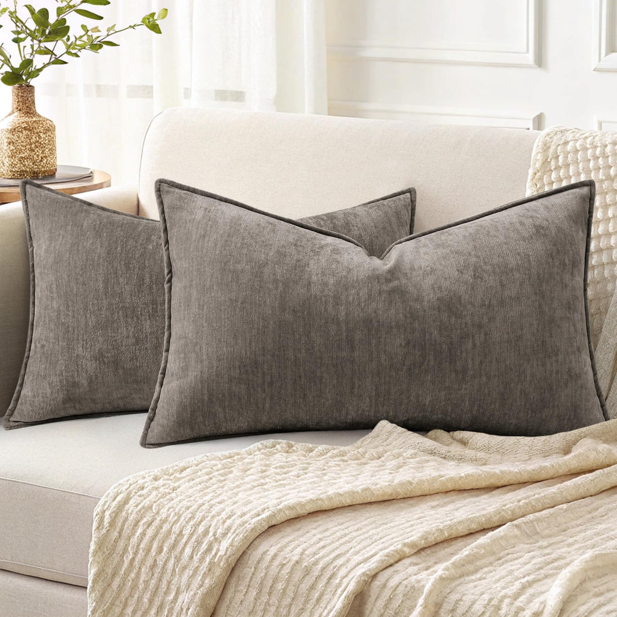 decorUhome Chenille Beige Velvet Throw Pillow Covers 18x18 Set of 2