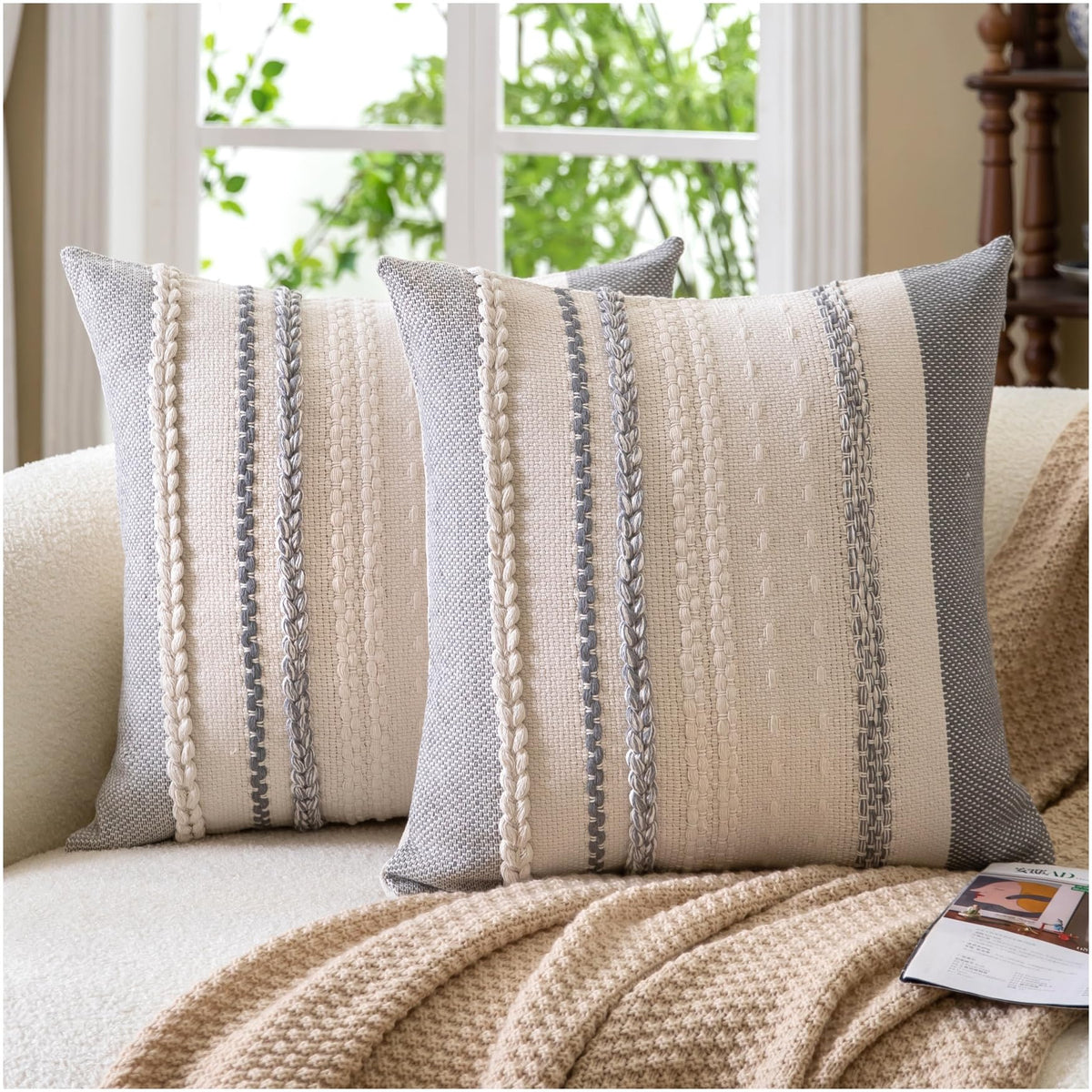 Cethom Boho Throw Pillow Covers 20x20 Inch Set of 2, Blue Textured Decorative Couch Pillow Cases for Farmhouse Home Decor, Accent Cushion Cover for Sofa, Bed, Living Room, Bedroom
