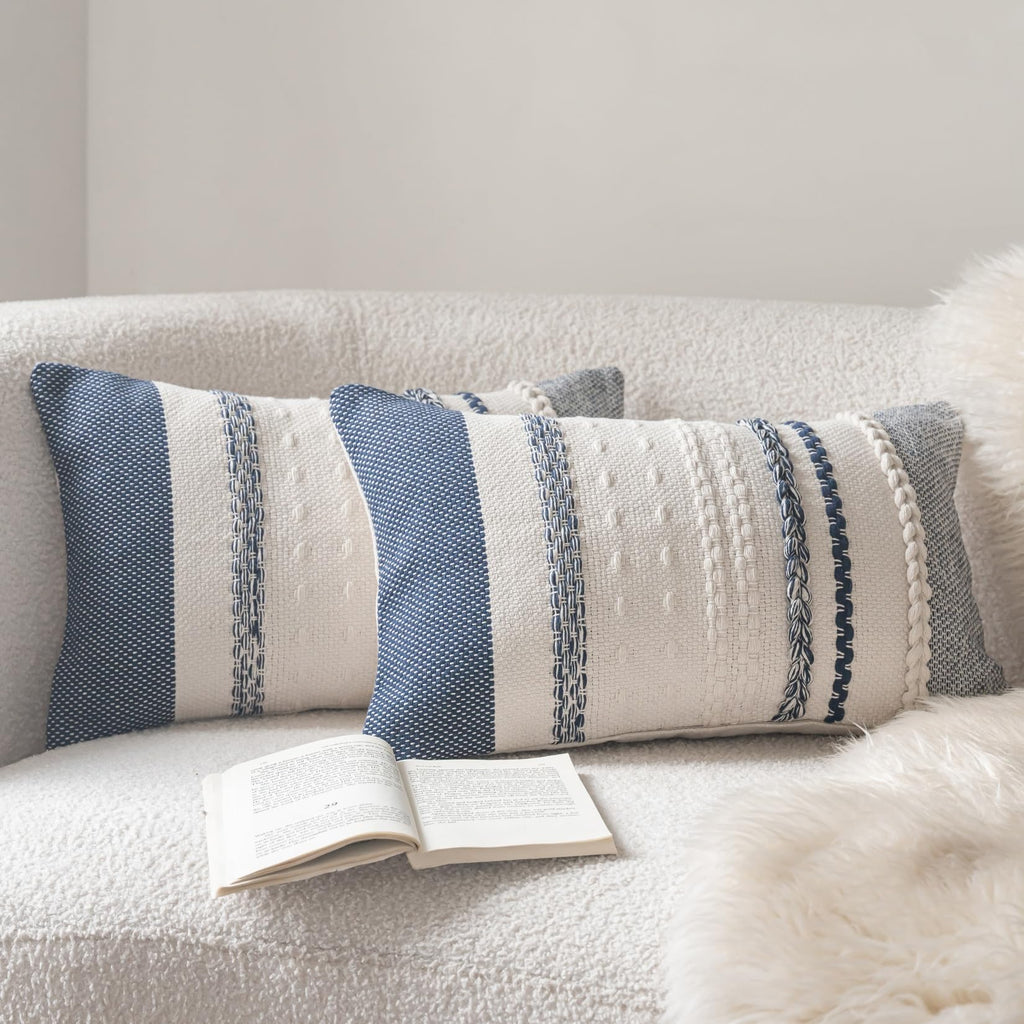 Cethom Boho Throw Pillow Covers 20x20 Inch Set of 2, Blue Textured Decorative Couch Pillow Cases for Farmhouse Home Decor, Accent Cushion Cover for Sofa, Bed, Living Room, Bedroom