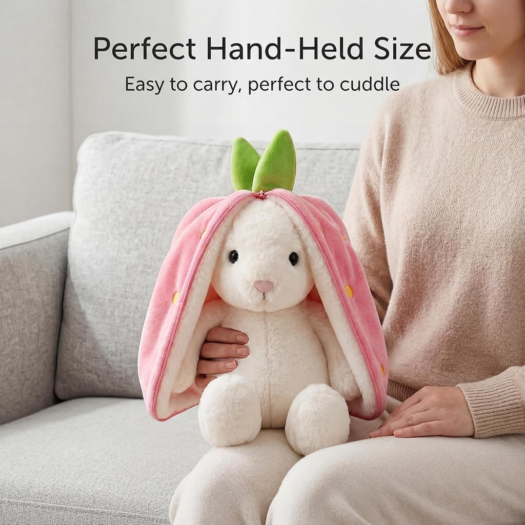 Freetoes Funny Strawberry Bunny Stuffed Animal,Strawberry Reversible Cuddle Bunnies Doll with Zipper Cute Soft Rabbit Toys Pillow,Kawaii Easter Bunny Plush Gifts or Valentines
