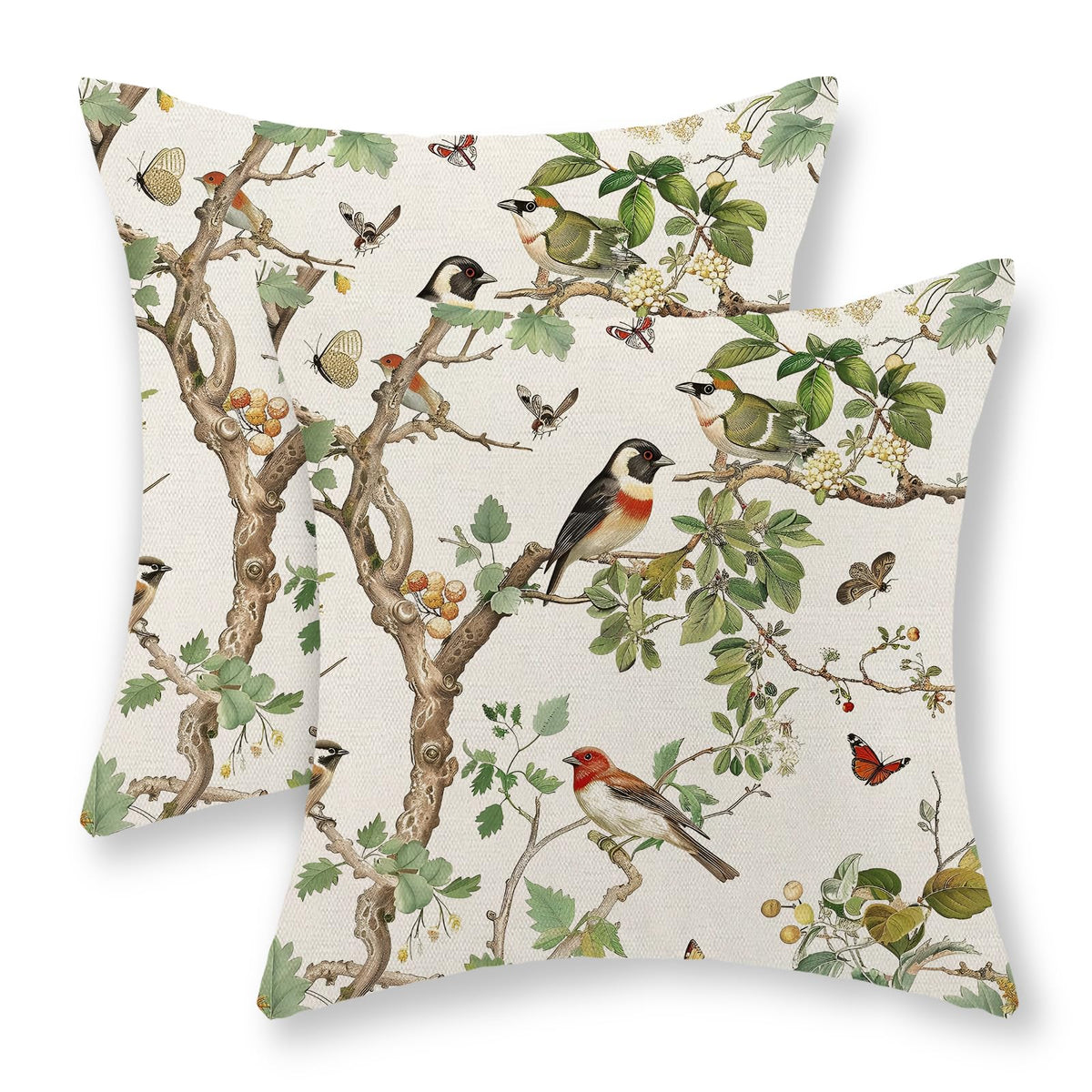 Chinoiserie Pillow Covers 18x18 Set of 2 Blue Green Bird Floral Throw Pillows Vintage Blue Flowers Decorations Outdoor Pillowcase Chinoiserie Decor Farmhouse Linen Cushion Case for Couch Home