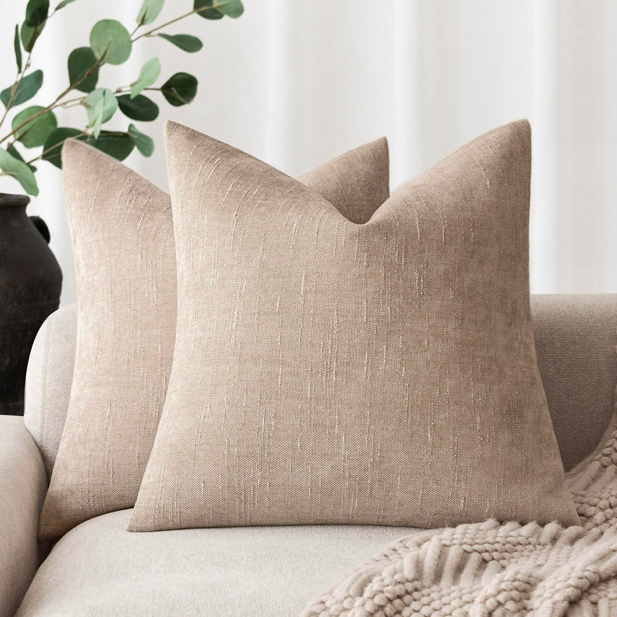 Foindtower Solid Textured Chenille Throw Pillow Covers 20x20 Inch,Taupe