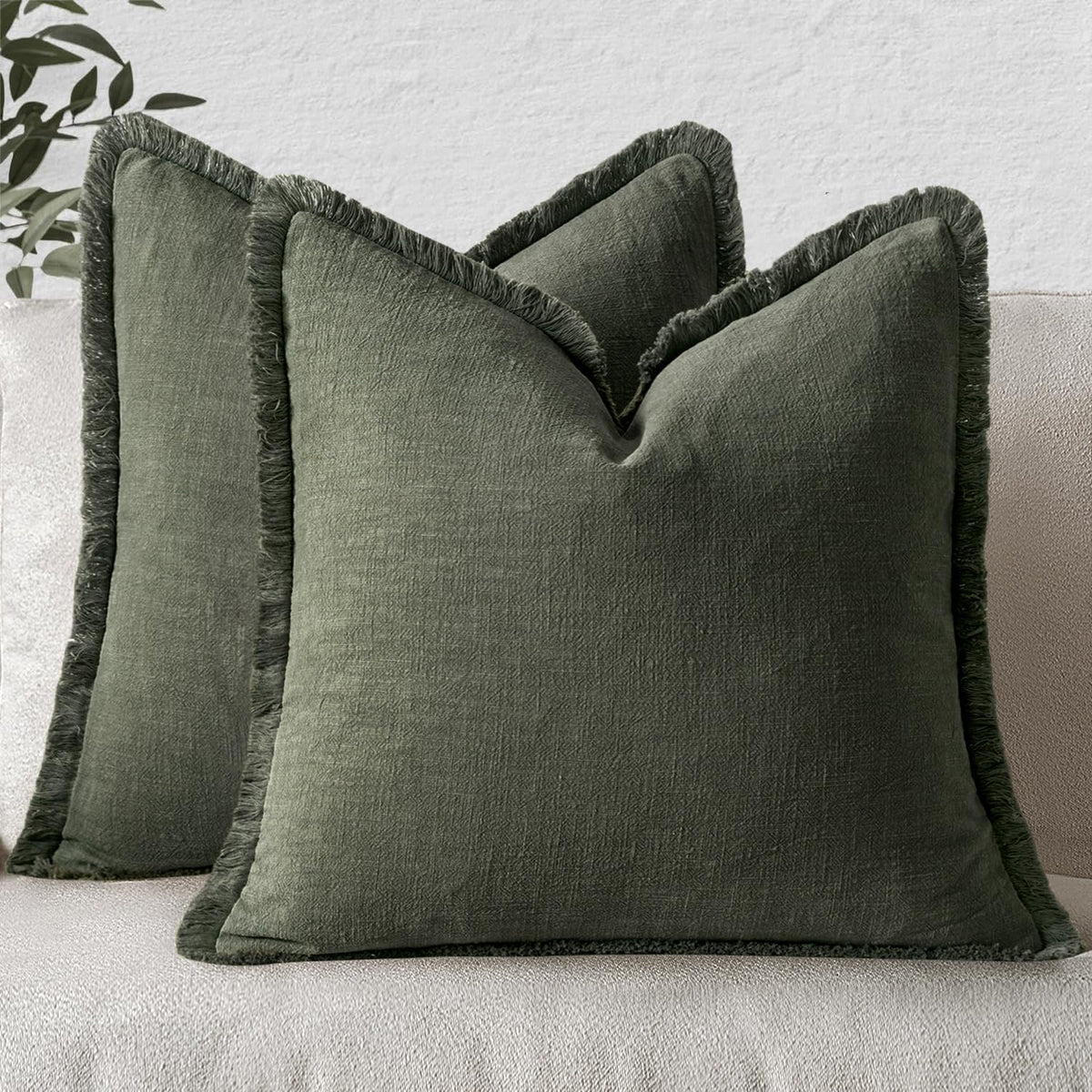 MIULEE Linen Fringe Decorative Throw Pillow Covers Natural Beige 20x20
