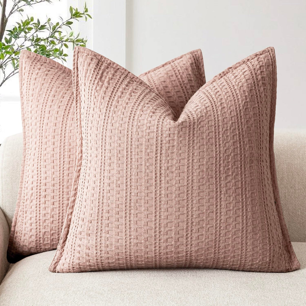 Foindtower Set of 2 Decorative Cotton Waffle Weave Textured Throw Pillow Covers Euro Sham Cushion Covers Accent European Pillowcase For Bed Couch Sofa Bedroom Living Room Home Decor 18×18 Inch Oatmeal