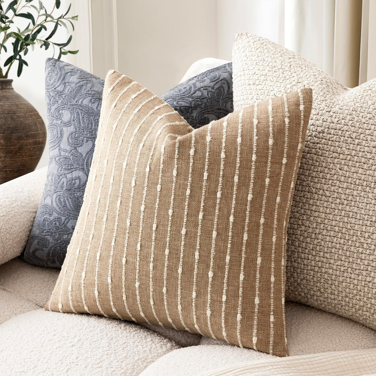 Foindtower Decorative Striped Boucle Throw Pillow Covers 20x20 Inch Camel