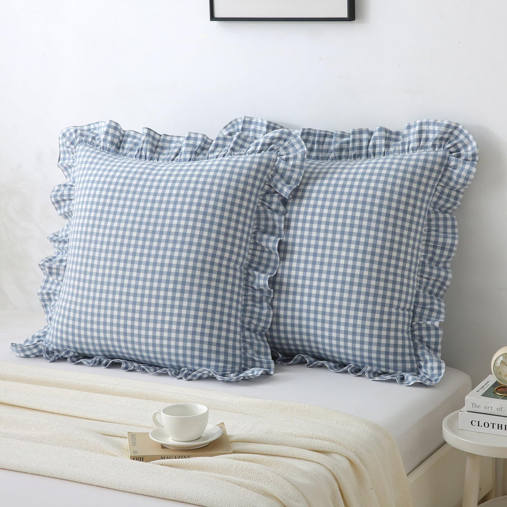 Gingham Throw Pillow Covers 18x18, Warm Taupe/White, Ruffle Trim