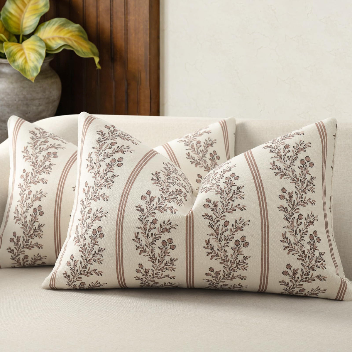 Vintage Throw Pillow Covers 18x18 Set of 2, Striped Floral Pillow Cover Botanical Patterned Decorative Cushion Covers Modern Farmhouse Home Decor for Sofa Couch Bed Living Room, Light Brown