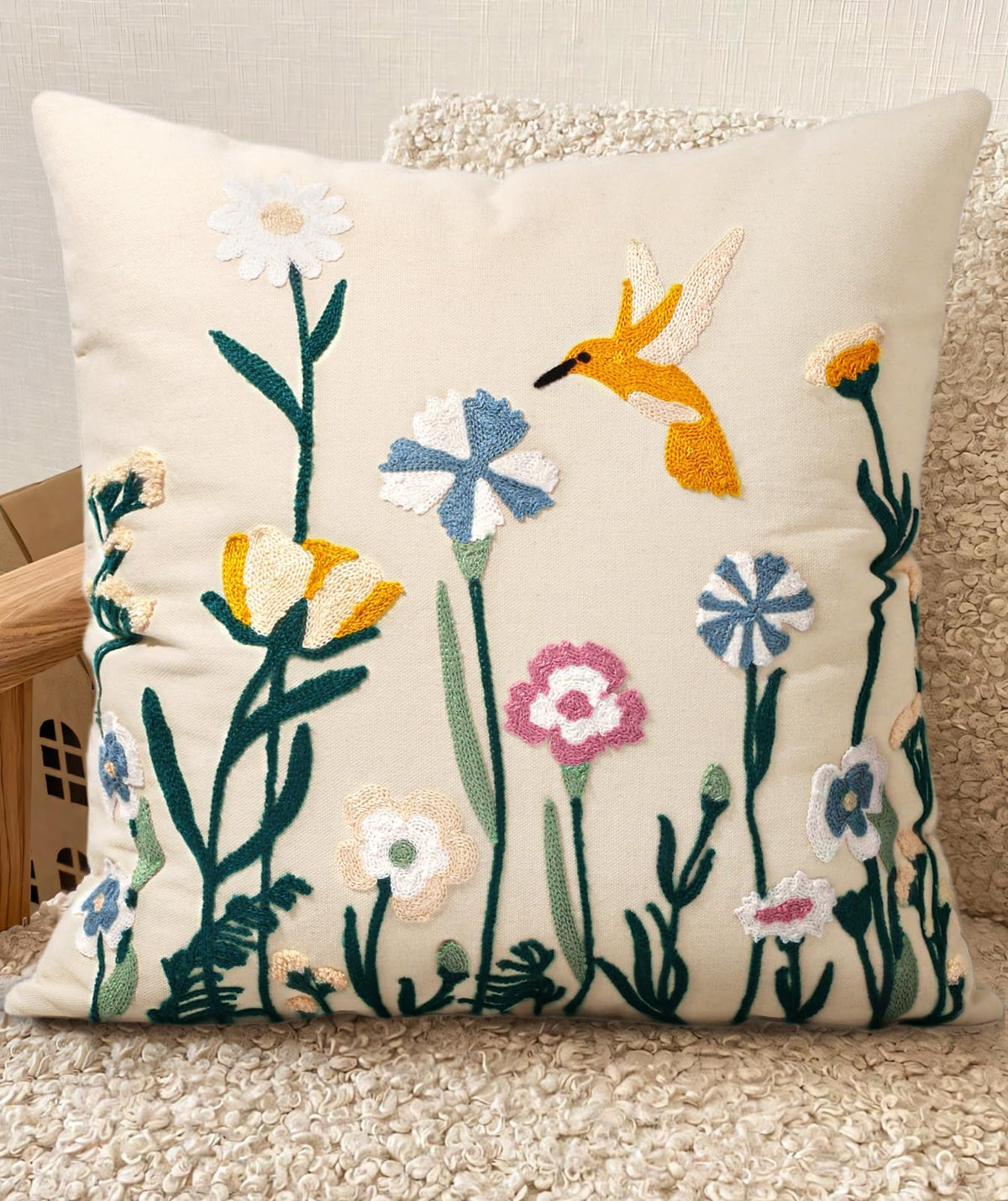 Embroidered Throw Pillow Cover 18x18 Inch, Flower Cluster