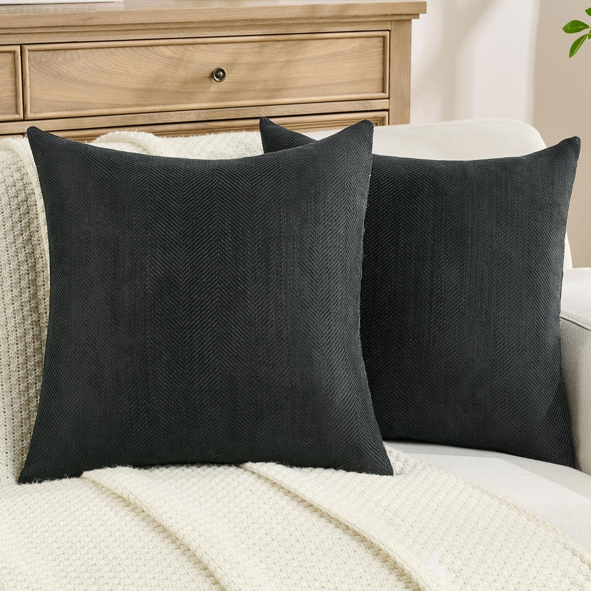 FUTEI Pack of 2 Chenille Throw Pillow Covers 18x18 Inch, Black