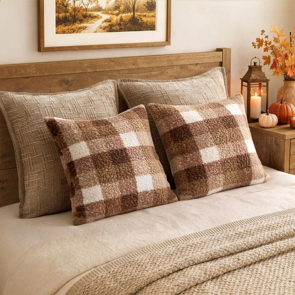 MIULEE Fall Plaid Pillow Covers Boucle Khaki White 18x18 Set of 2