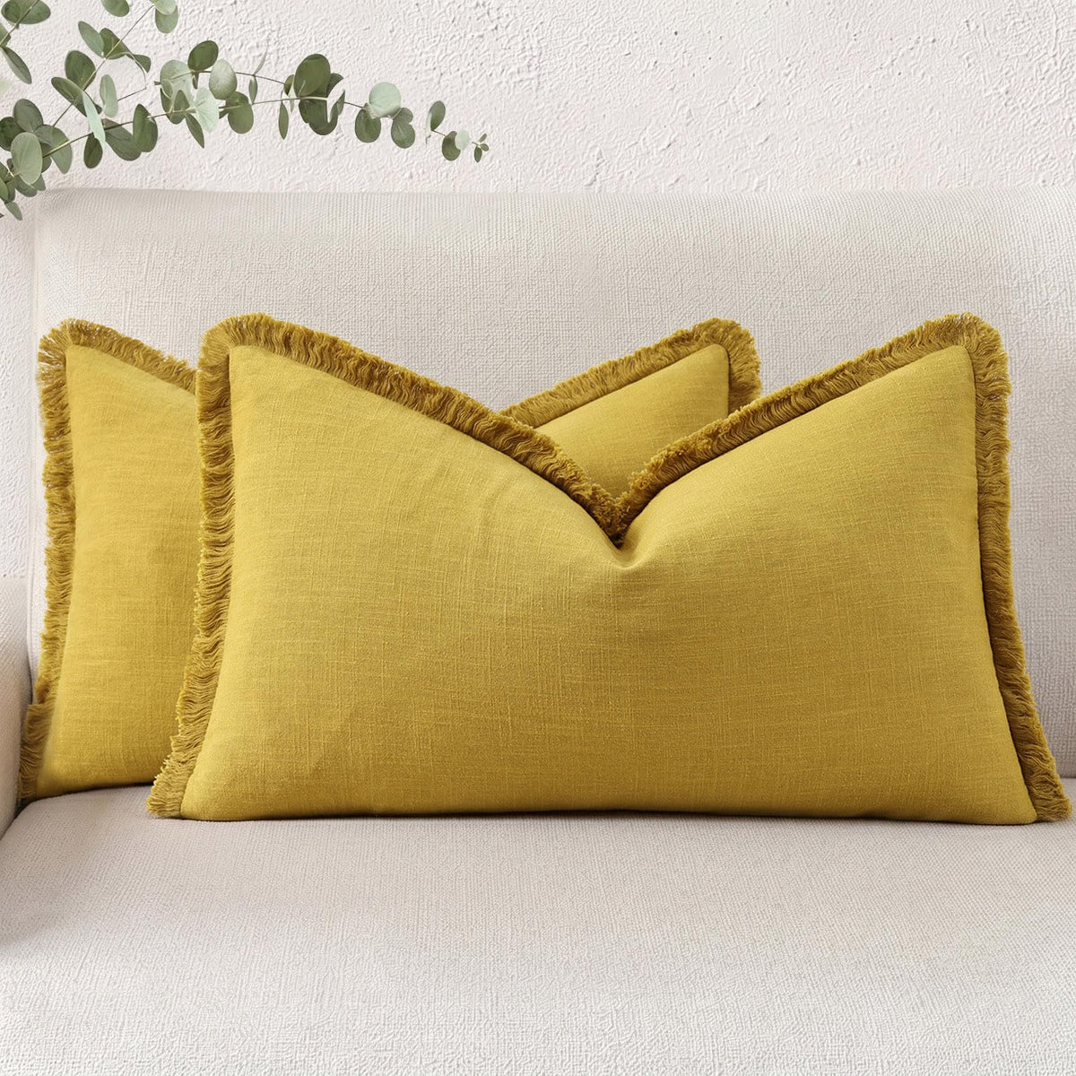 decorUhome Linen Fringe Natural Beige Throw Pillow Covers 18x18 Set of 2