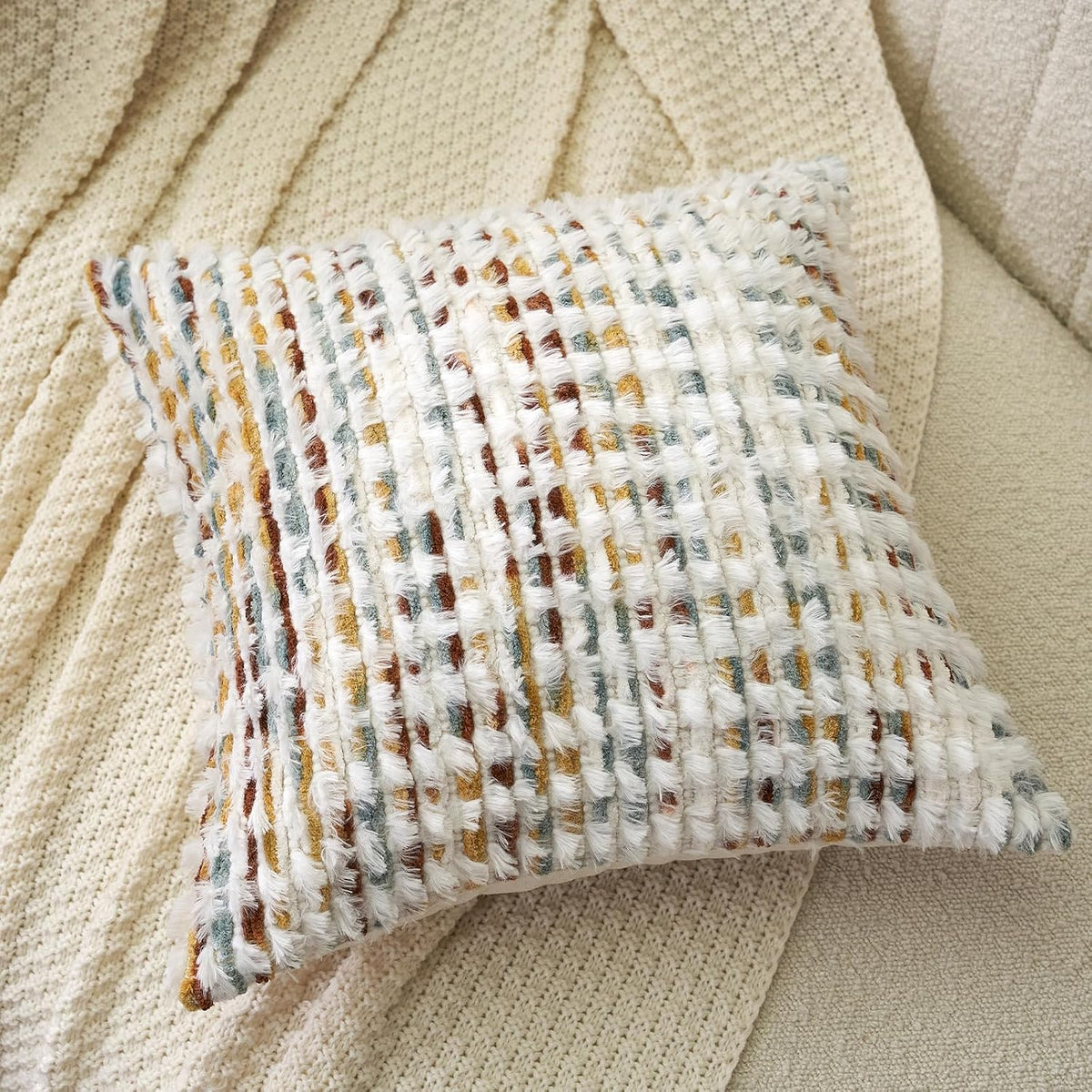 Aeckself Boho Chenille Tufted Pillow Cover 20 x 20 Inch, Decorative Square Throw Pillow Cover Neutral Pillowcase for Couch Bedroom Living Room, Orange White