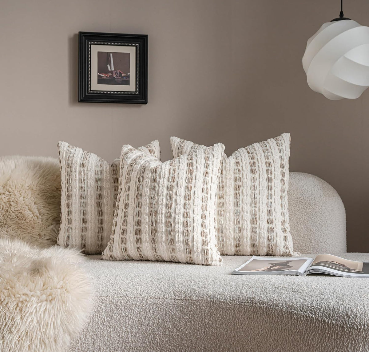 Caflife Beige Striped Chenille Boho Throw Pillow Covers 18x18 Inch Set of 2
