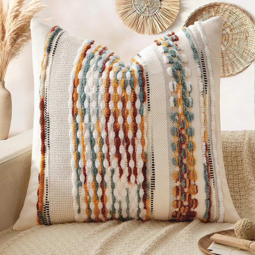 ANRODUO Boho Decorative Pillow Covers Olive Green Stripe 18x18 Pack of 2