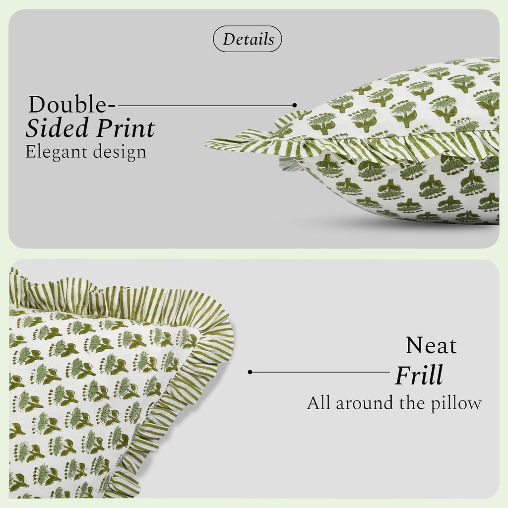 CPC Block Print Ruffle Throw Pillow Cover Emerald Green 20"x20", Pack of 2