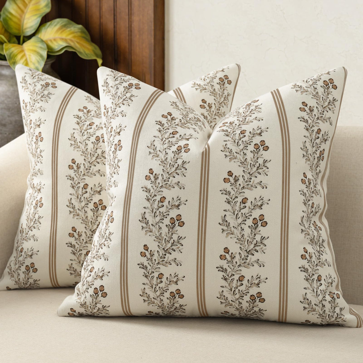 Vintage Throw Pillow Covers 18x18 Set of 2, Striped Floral Pillow Cover Botanical Patterned Decorative Cushion Covers Modern Farmhouse Home Decor for Sofa Couch Bed Living Room, Light Brown