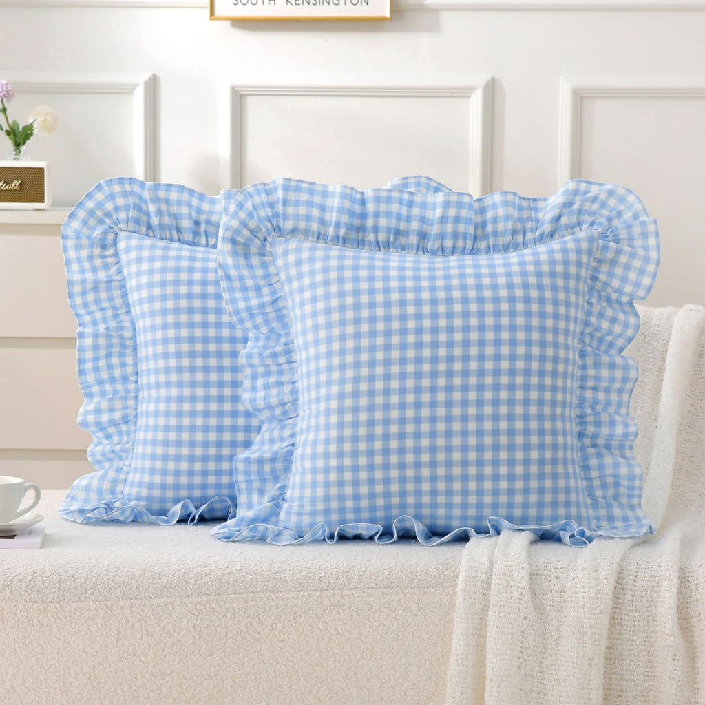 Gingham Throw Pillow Covers 18x18, Warm Taupe/White, Ruffle Trim