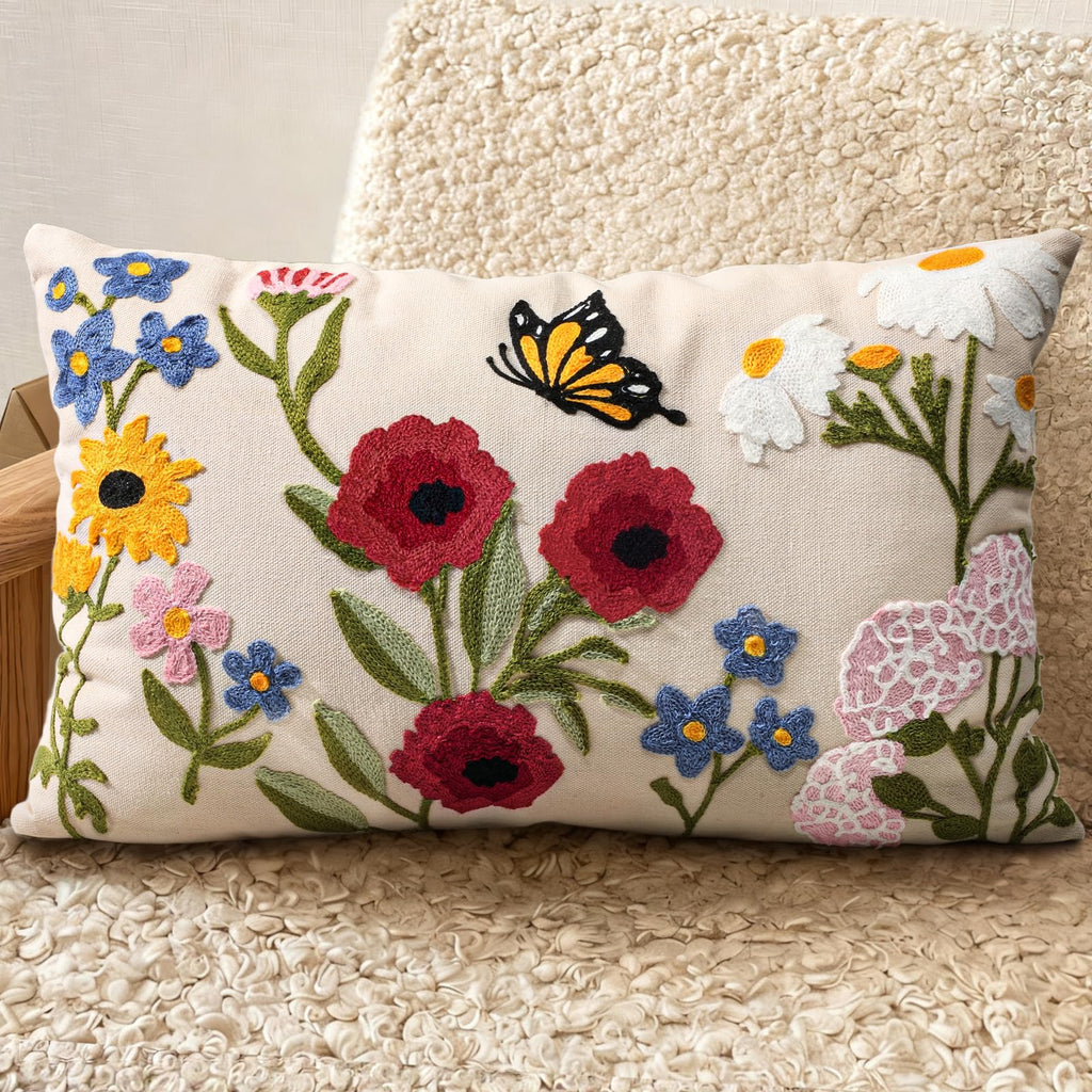 Embroidered Throw Pillow Cover 18x18 Inch, Flower Cluster