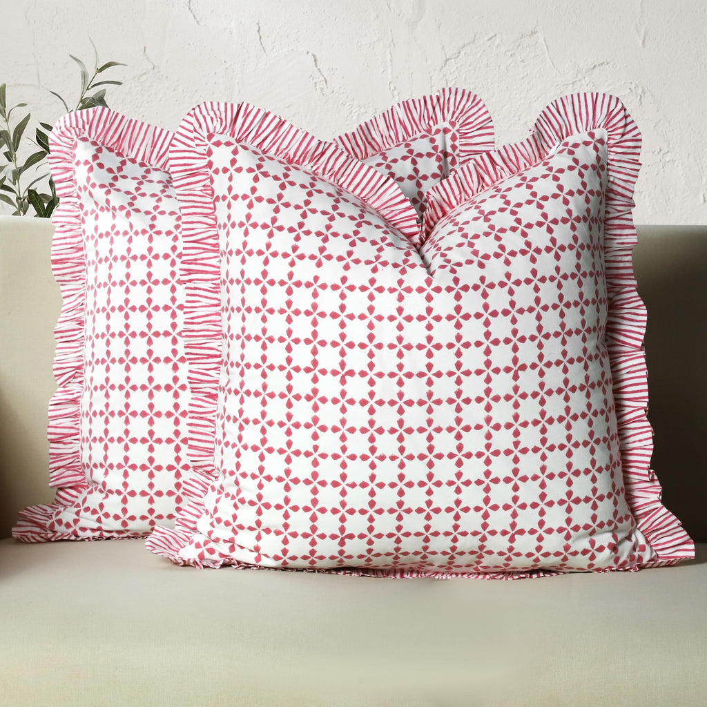 CPC Block Print Ruffle Throw Pillow Cover Emerald Green 20"x20", Pack of 2