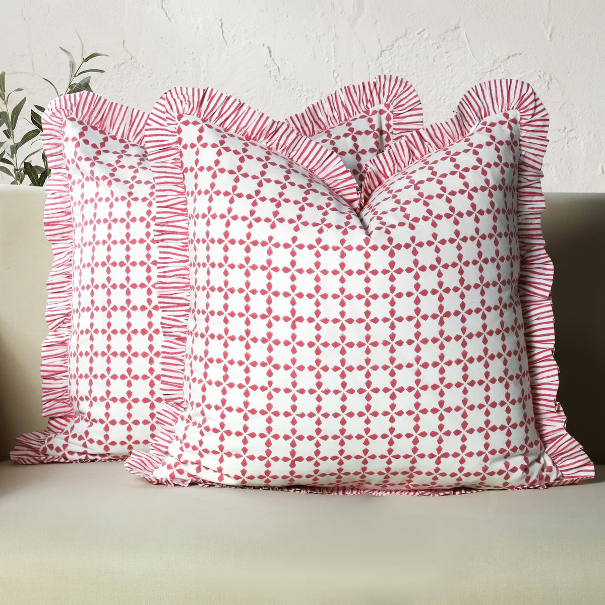 CPC Block Print Ruffle Throw Pillow Cover Emerald Green 20"x20", Pack of 2