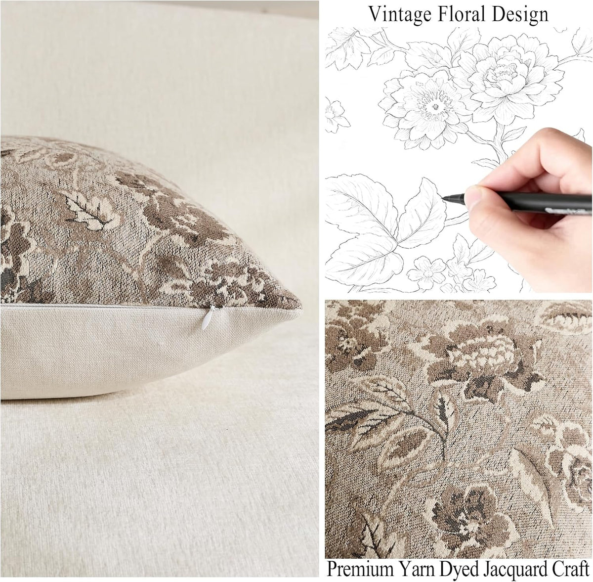 Vintage Floral Chenille Throw Pillow Covers 18x18 Set of 2
