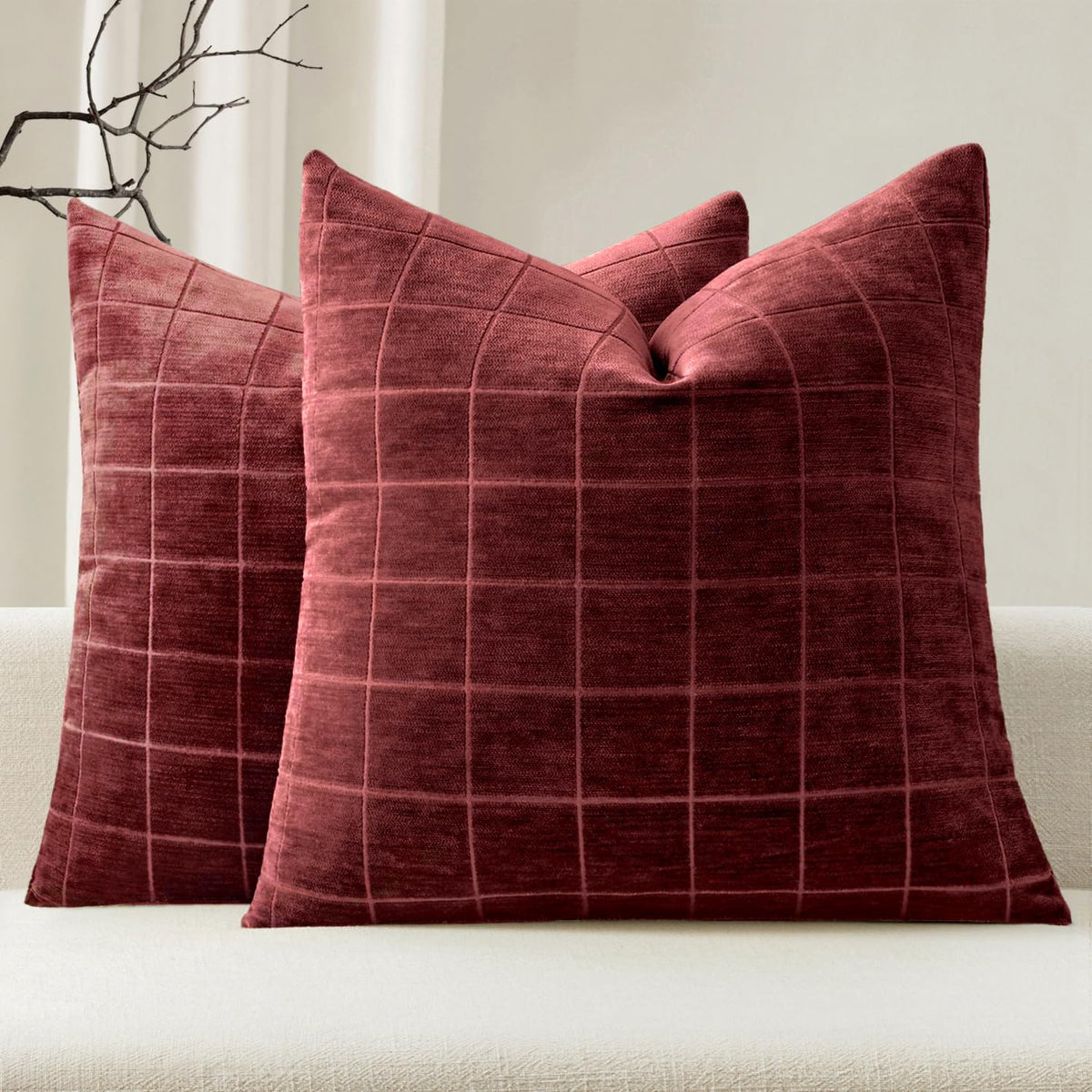 MIULEE Taupe Grey Plaid Decorative Fall Throw Pillow Covers 20x20 Set of 2