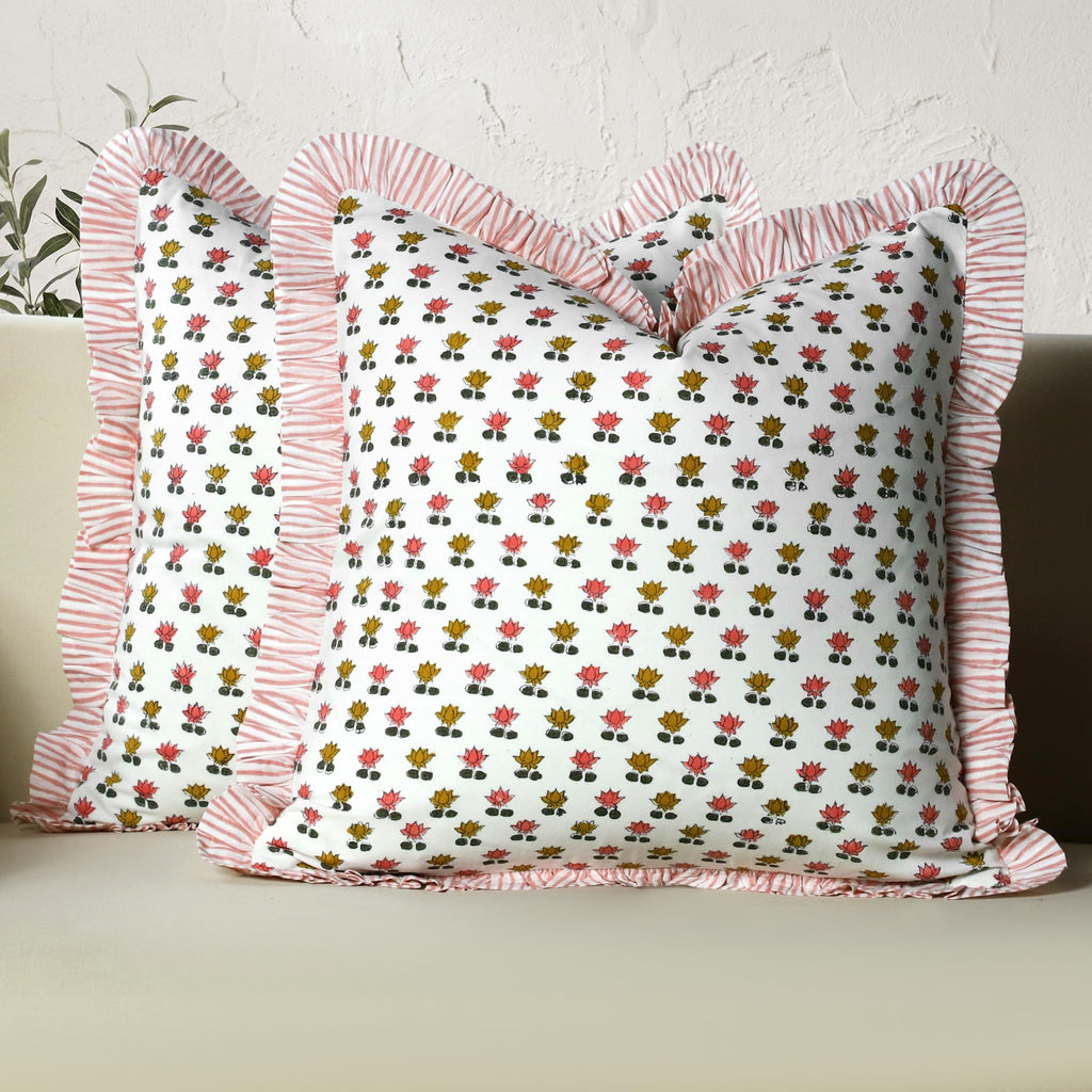 CPC Block Print Ruffle Throw Pillow Cover Emerald Green 20"x20", Pack of 2