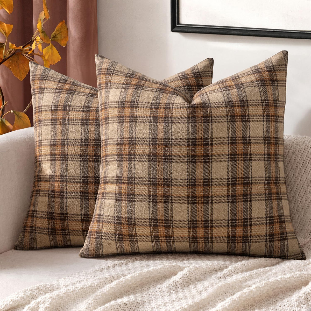 MIULEE Fall Plaid Pillow Covers Scottish Tartan 18x18 Brown