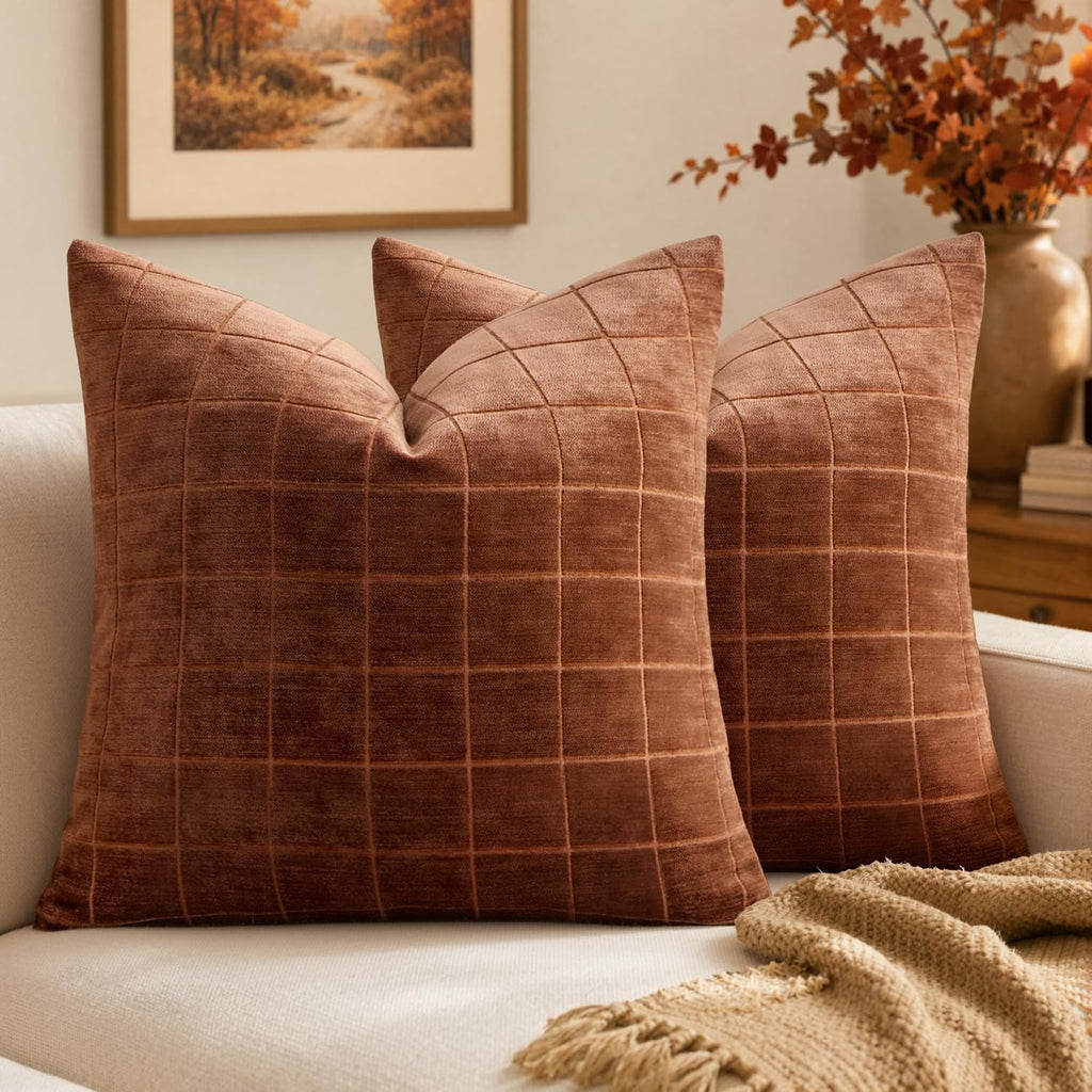 MIULEE Taupe Grey Plaid Decorative Fall Throw Pillow Covers 20x20 Set of 2