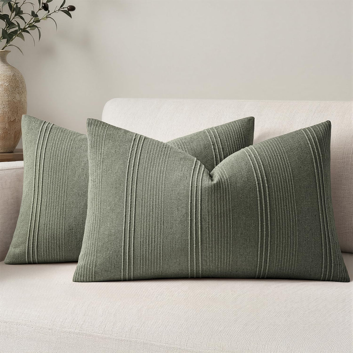 MIULEE Decorative Striped Throw Pillow Covers 20x20 Inch Beige 2 Pack