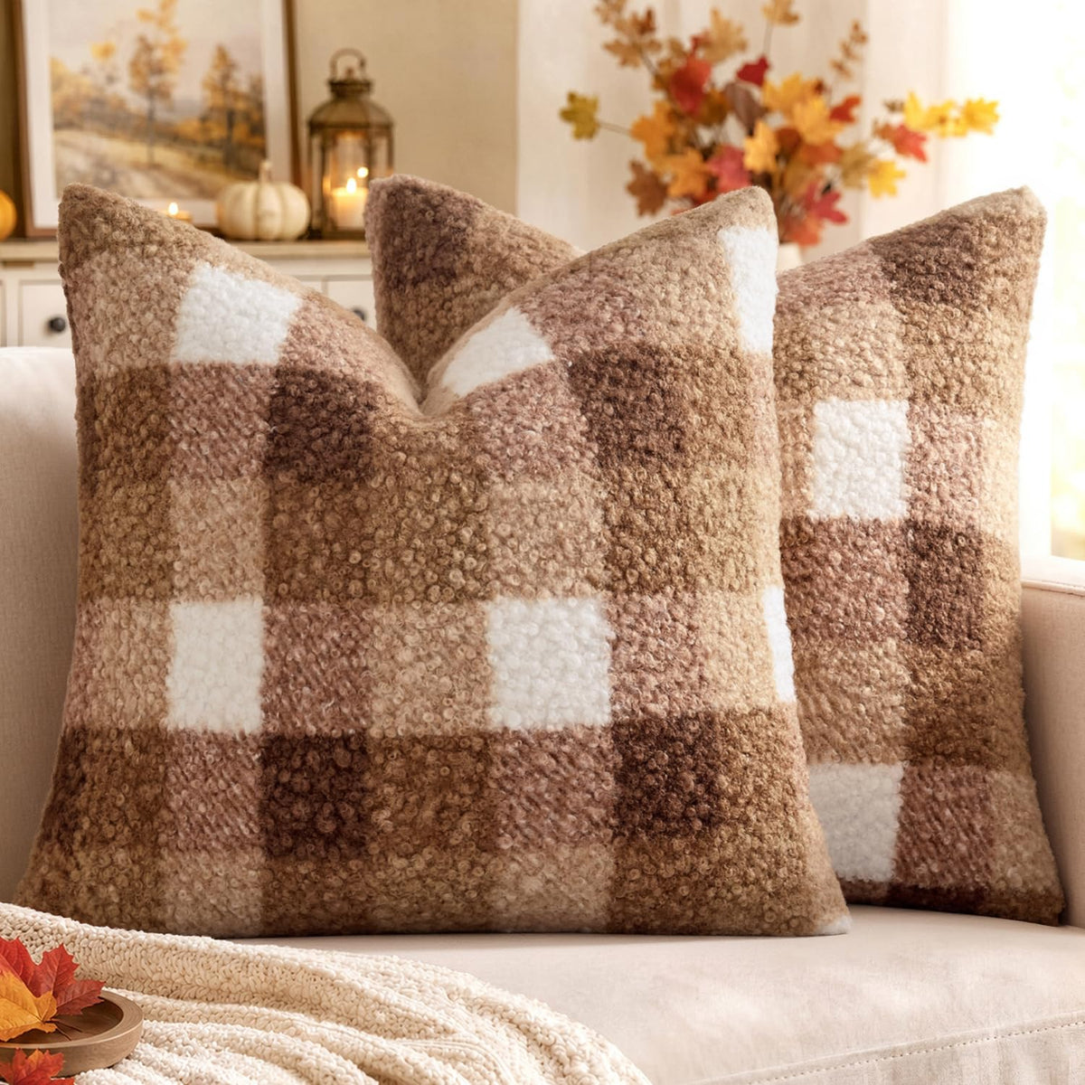 MIULEE Fall Plaid Pillow Covers Boucle Khaki White 18x18 Set of 2