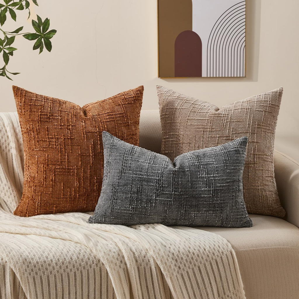Allorry Decorative Couch Throw Pillow Covers 18x18 Set of 2 Camel Soft Chenille Pillow Covers Neutral Textured Boho Cushion Covers for Modern Farmhouse Sofa Bedroom Living Room Decor SY008-D18