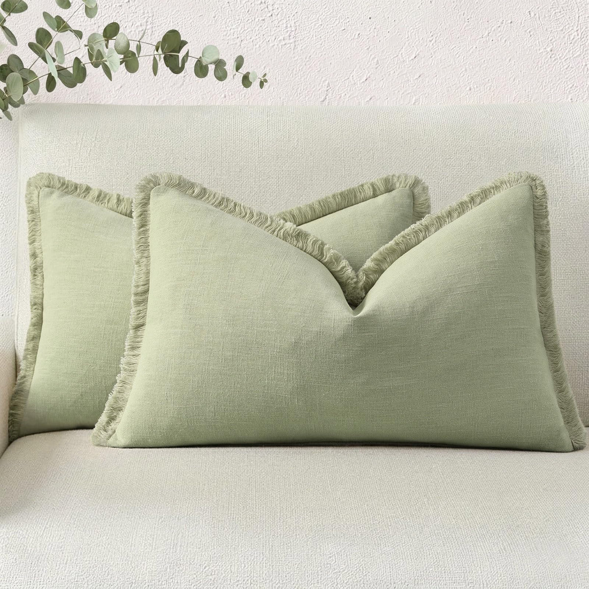 decorUhome Linen Fringe Natural Beige Throw Pillow Covers 18x18 Set of 2