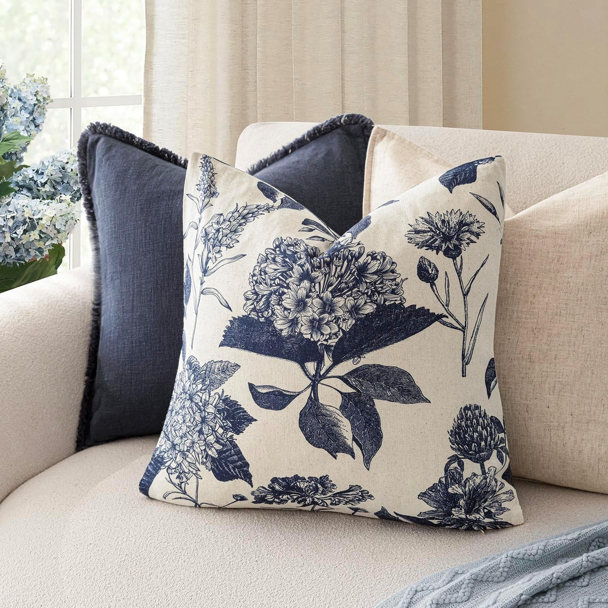 Foindtower Set of 2 Linen Floral Vintage Throw Pillow Covers Neutral Accent Print Decorative Cozy Cushion Covers Farmhouse Boho Home Decor for Sofa Chair Couch Bed Living Room,18×18 Inch,Navy Blue