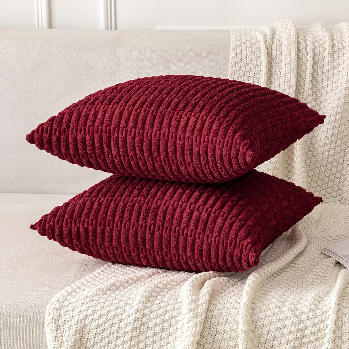 MIULEE Christmas Corduroy Decorative Throw Pillow Covers 18x18 Burgundy