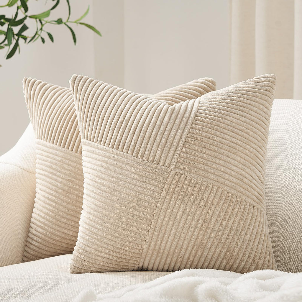 Topfinel Olive Green Decorative Throw Pillow Covers Set of 2 18x18 Inches for Couch Bed Sofa, Boho Aesthetic Home Decor, Soft Corduroy Striped Patchwork Windmill Textured Cushion Cases 45x45 cm