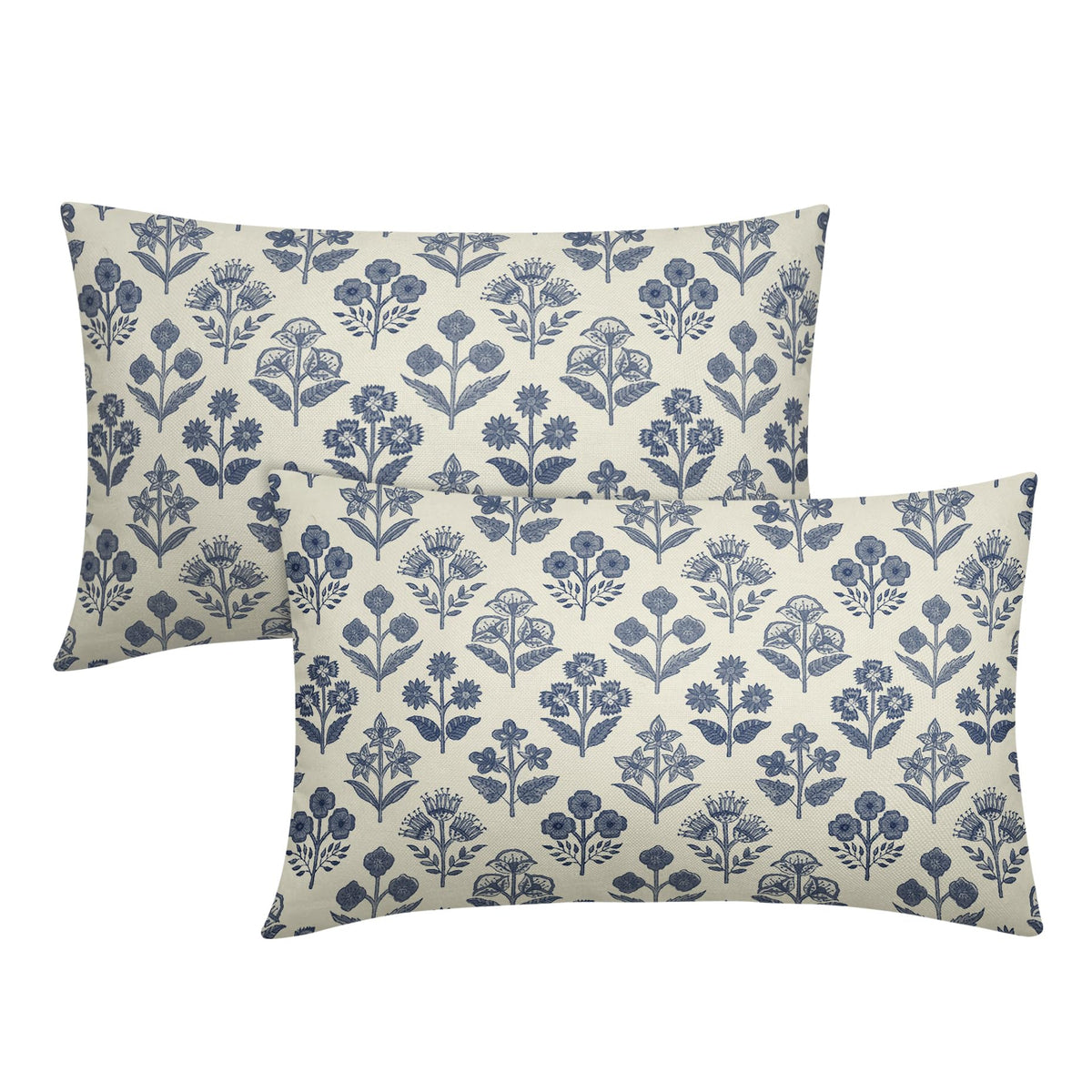 Blue Green Block Print Pillow Covers 18x18 Inch Set of 2, Vintage Floral Spring Decorative Throw Pillow Cases Boho Cushion Covers Rustic Decoration Gift Farmhouse Sofa Couch Bed Decor
