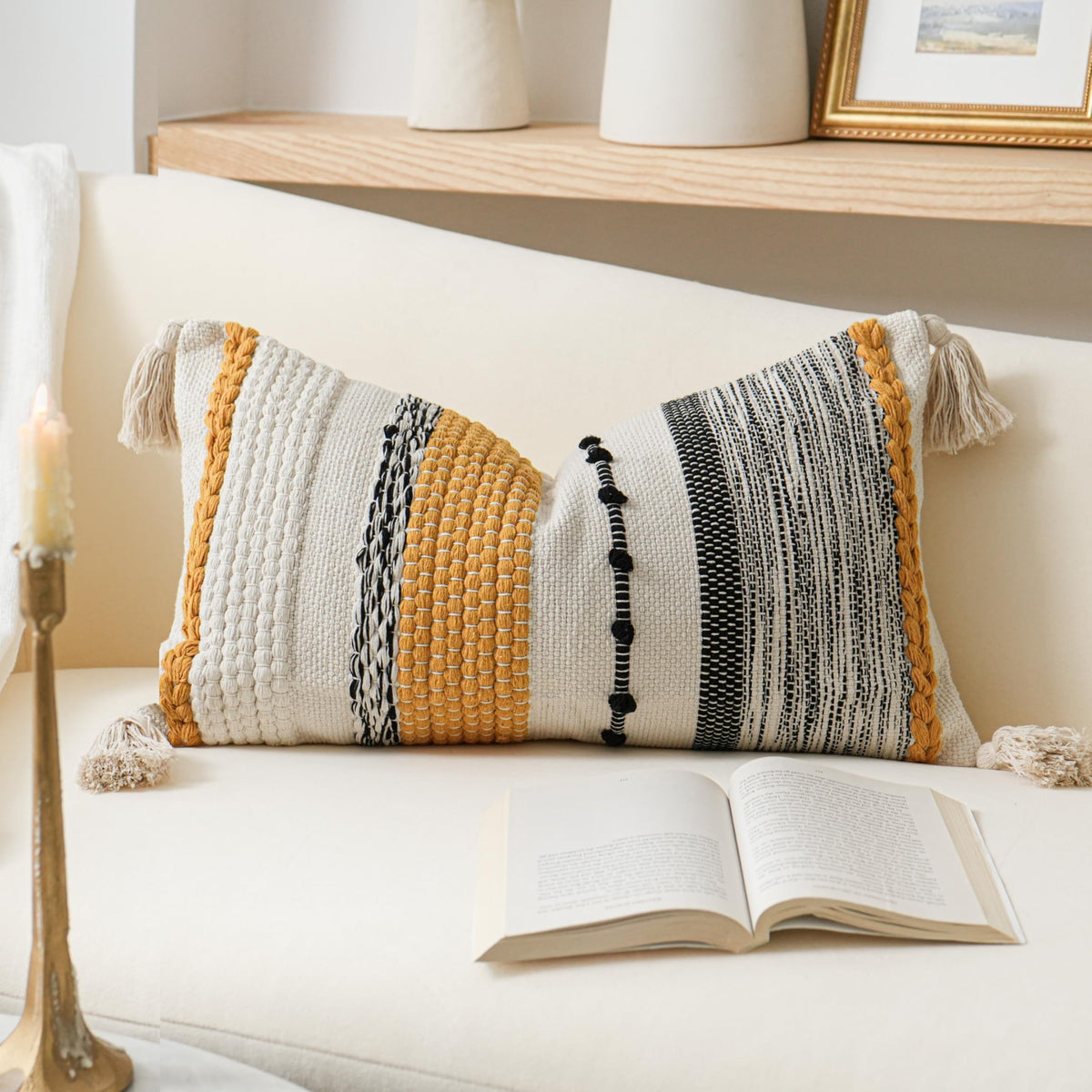 BlissBlush Coastal Blue Decorative Lumbar Pillow Cover 14x36 Boho Long Body Pillow for Bed Farmhouse Lumbar Throw Pillow for Couch Modern Accent Textured Throw Pillowcase