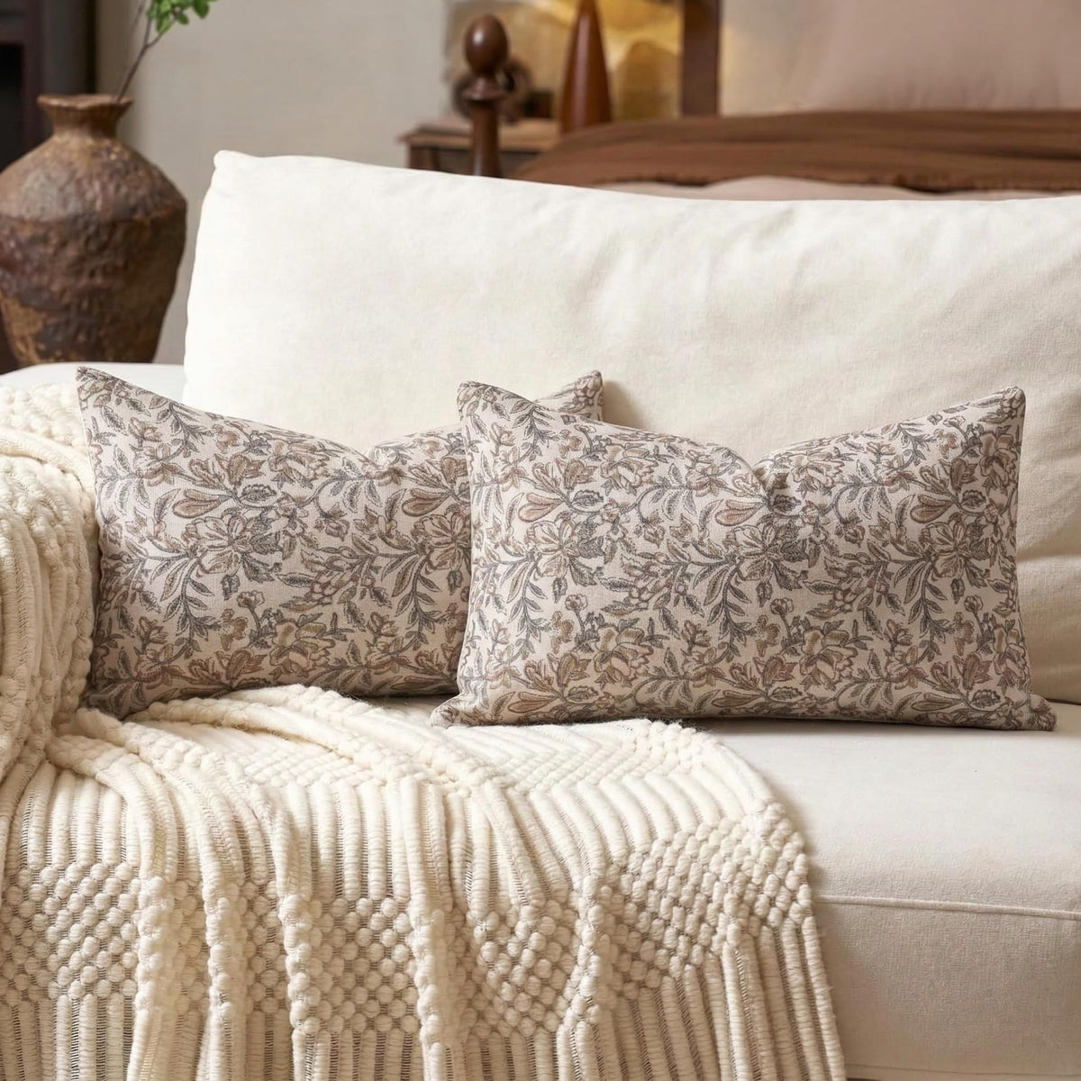 Amor Virisso Floral Throw Pillow Covers 20x20 Set of 2 Vintage Block Print Pillow Covers Decorative Pillow Covers Couch Pillows for Living Room Farmhouse Accent Sofa Pillows, Red/Sand