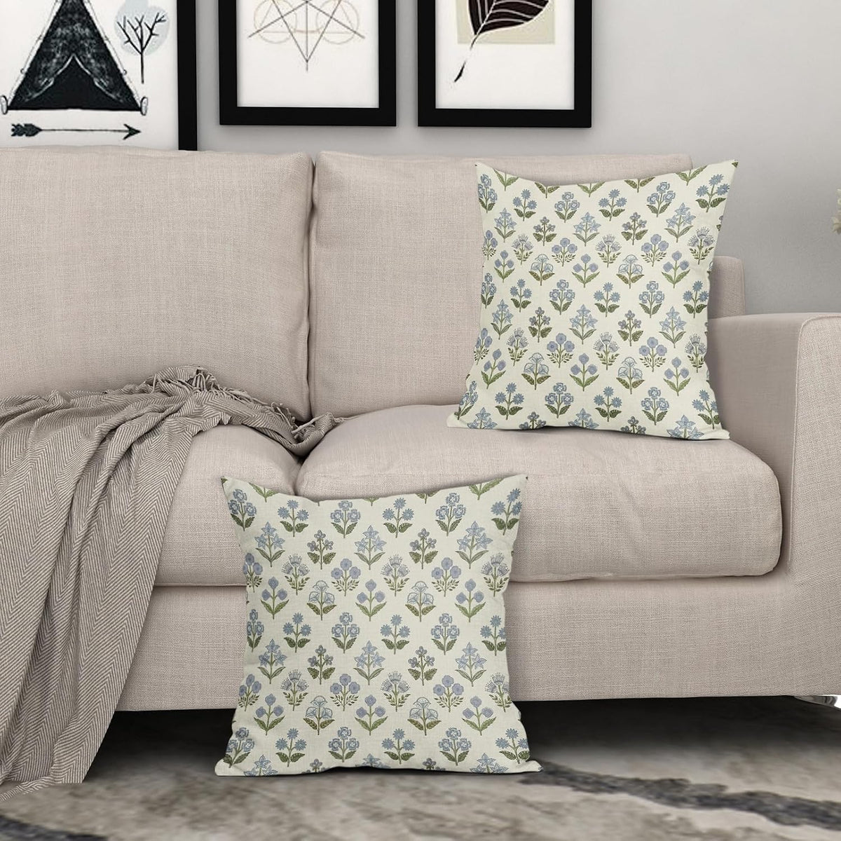 Blue Green Block Print Pillow Covers 18x18 Inch Set of 2, Vintage Floral Spring Decorative Throw Pillow Cases Boho Cushion Covers Rustic Decoration Gift Farmhouse Sofa Couch Bed Decor