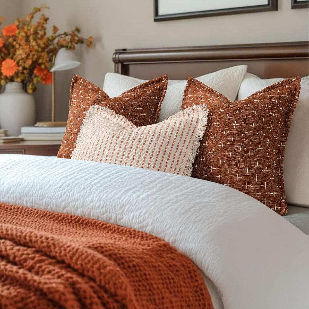 ZWJD Fall Pillow Covers 20x20 Set of 2 Soft Polyester Textured Rust Pillow Covers with Stylish Flange Edge Cozy Farmhouse Throw Pillows for Couch Bed Sofa Living Room Fall Decor