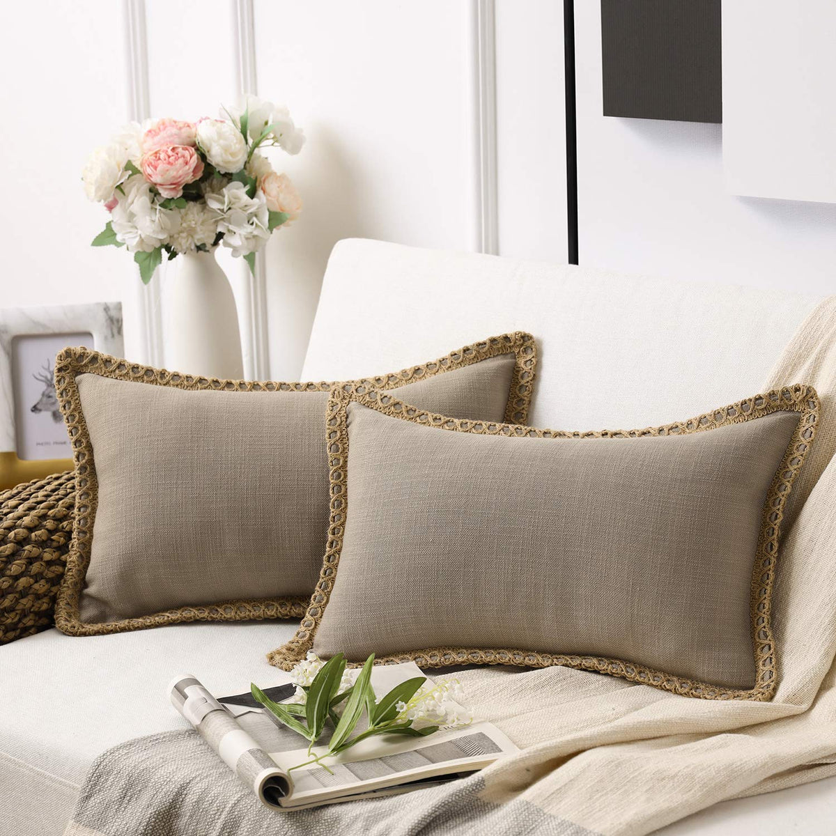 Phantoscope Pack of 2 Farmhouse Decorative Solid Throw Decorative Pillow Cover Burlap Linen Trimmed Tailored Edges Navy Blue 18 x 18 inches, 45 x 45 cm