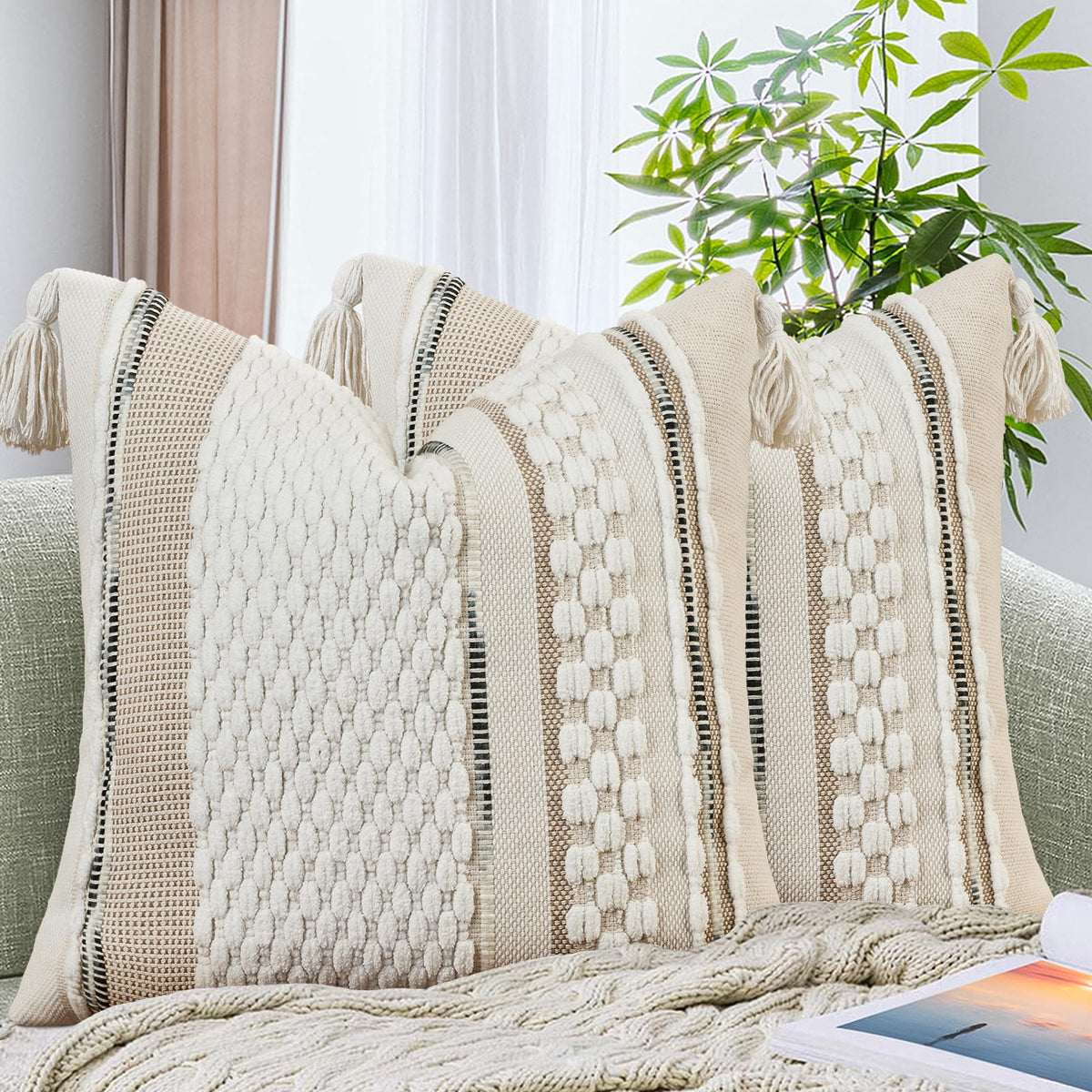 AmHoo Set of 2 Chenille Striped Textured Boho Throw Pillow Covers Aesthetic with Tassels Woven Decorative Pillow Case for Couch Bed Sofa Bedroom Modern Funky 18 x 18-Inch Brown