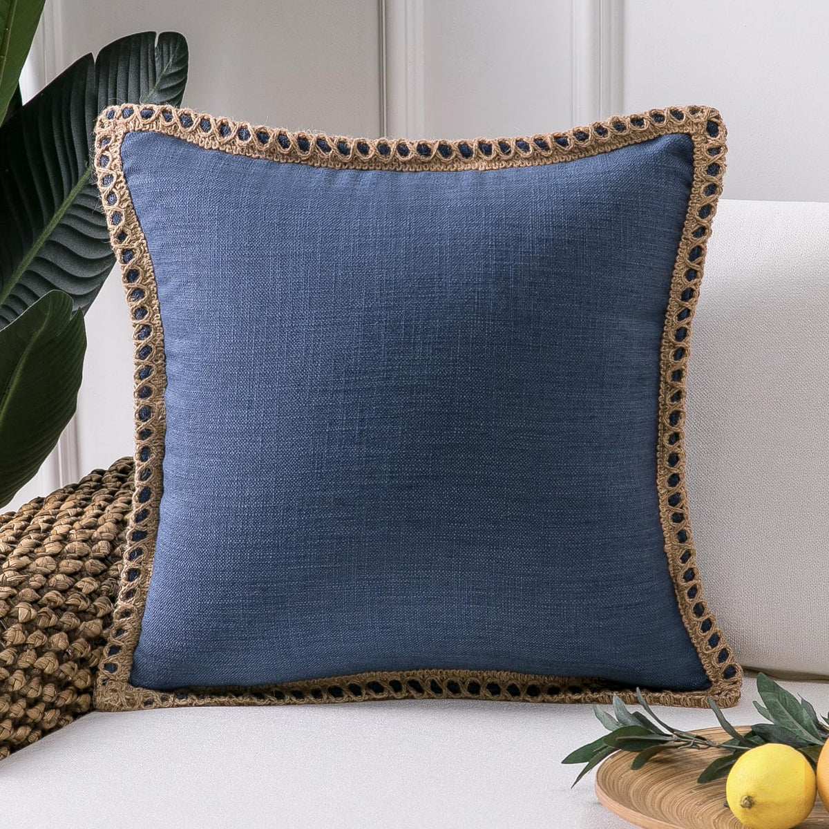 Phantoscope Pack of 2 Farmhouse Decorative Solid Throw Decorative Pillow Cover Burlap Linen Trimmed Tailored Edges Navy Blue 18 x 18 inches, 45 x 45 cm