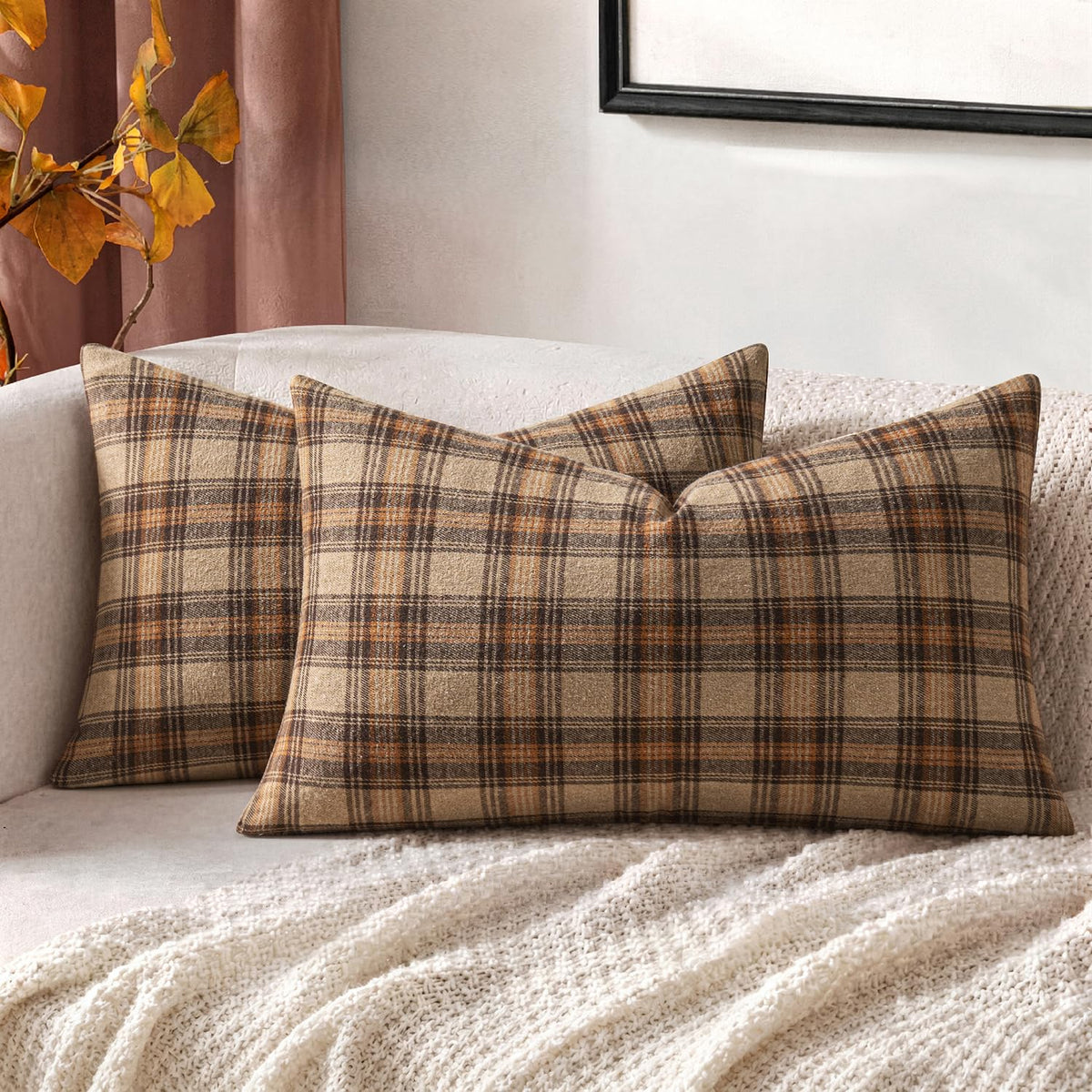 MIULEE Fall Plaid Pillow Covers Scottish Tartan 18x18 Brown