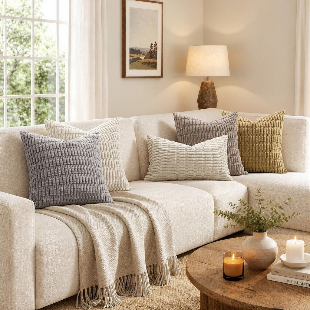 MIULEE Lumbar Corduroy Decorative Throw Pillow Covers 12x20 Cream White