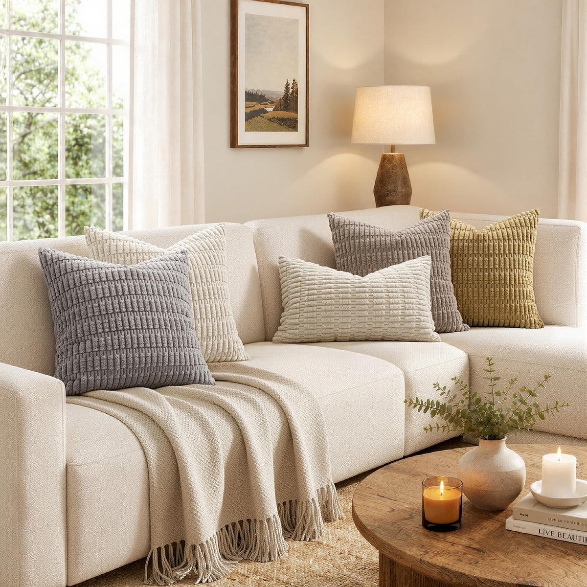 MIULEE Lumbar Corduroy Decorative Throw Pillow Covers 12x20 Cream White