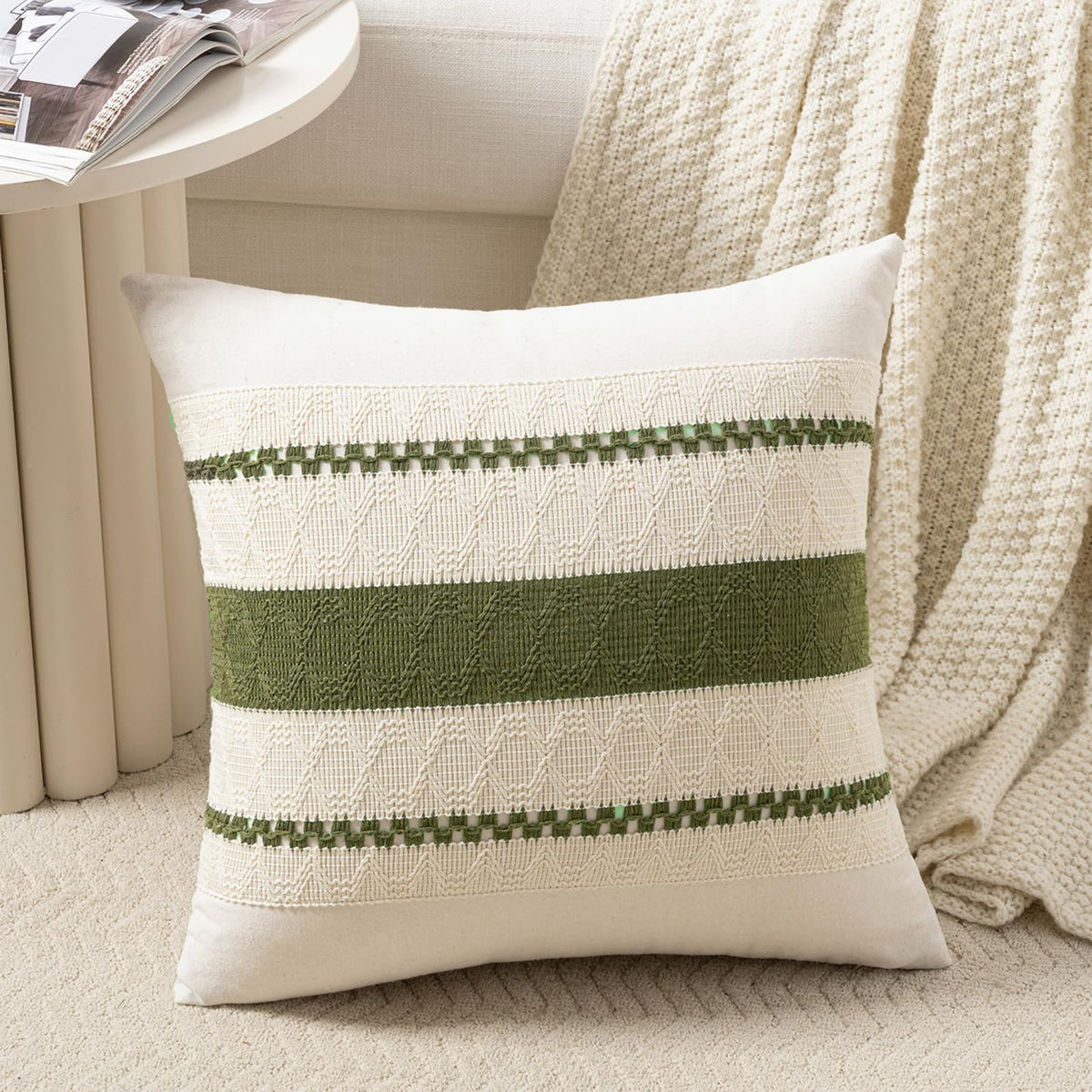Fancy Homi Set of 1 Sage Green Boho Lumbar Decorative Throw Pillow Covers 12x20 Inch for Living Room Bedroom Couch Bed Chair, Rustic Retro Cushion Case, Bohemian Room Home Decor