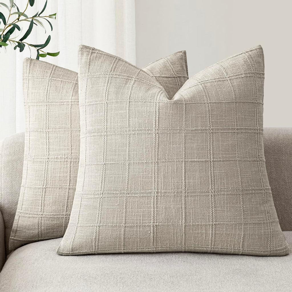 Foindtower Boho Linen Check Decorative Throw Pillow Cover 20×20 Olive Green